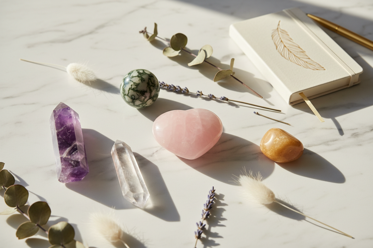 Flat lay of healing crystals for beginners including rose quartz, amethyst tower, clear quartz point and moss agate sphere on white marble with dried botanicals