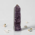 Amethyst drusy crystal tower, deep purple druzy face with clear quartz top