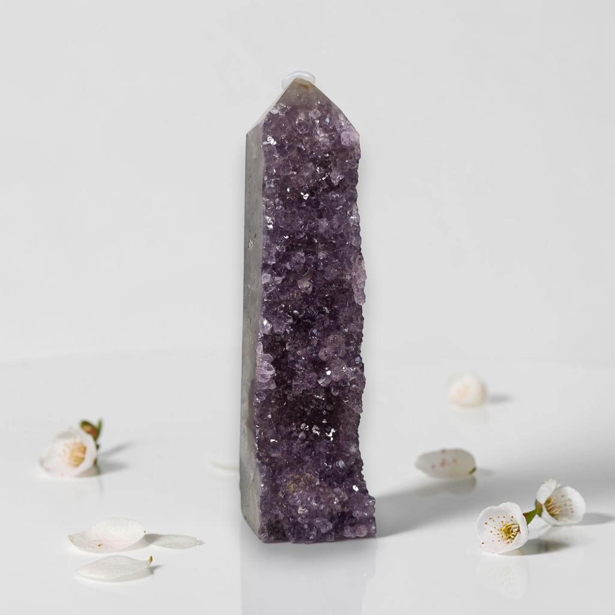Amethyst drusy crystal tower, deep purple druzy face with clear quartz top