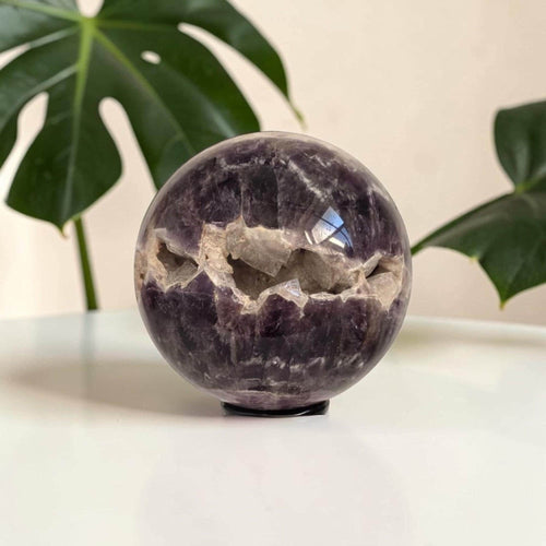Purple amethyst drusy sphere on black stand, large 92mm