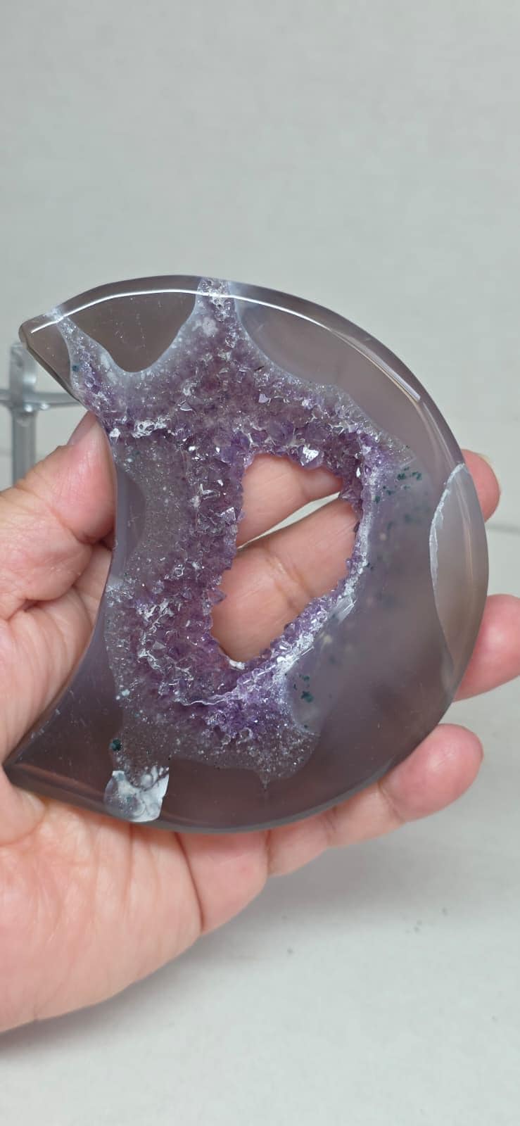 Lavender Druzy Agate Moon, Crystal Moon Decor, Purple Geode Crescent
