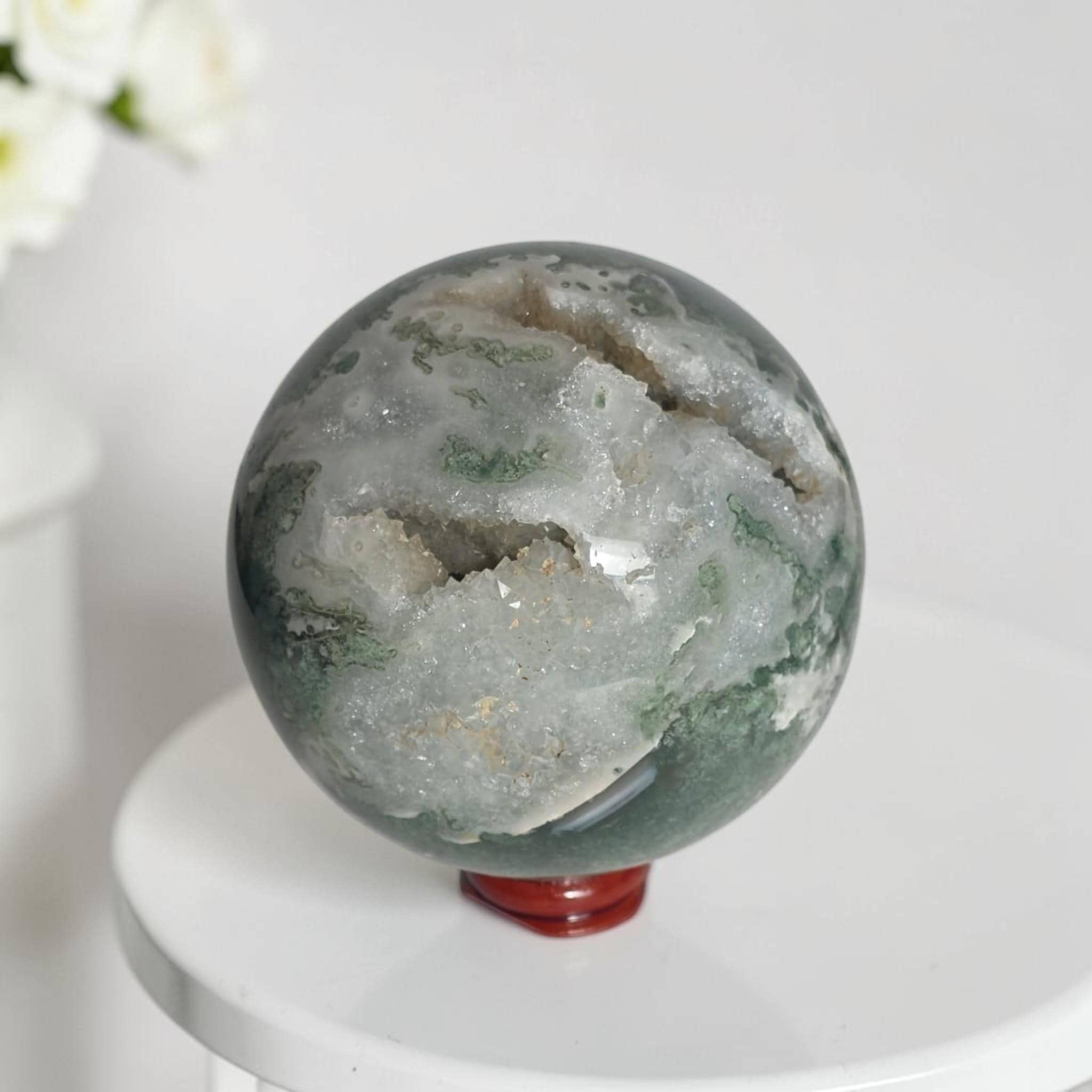 Green Druzy Crystal Sphere Moss Agate Quartz Ball