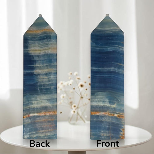 Blue striped crystal tower shown from back and front views on a stand