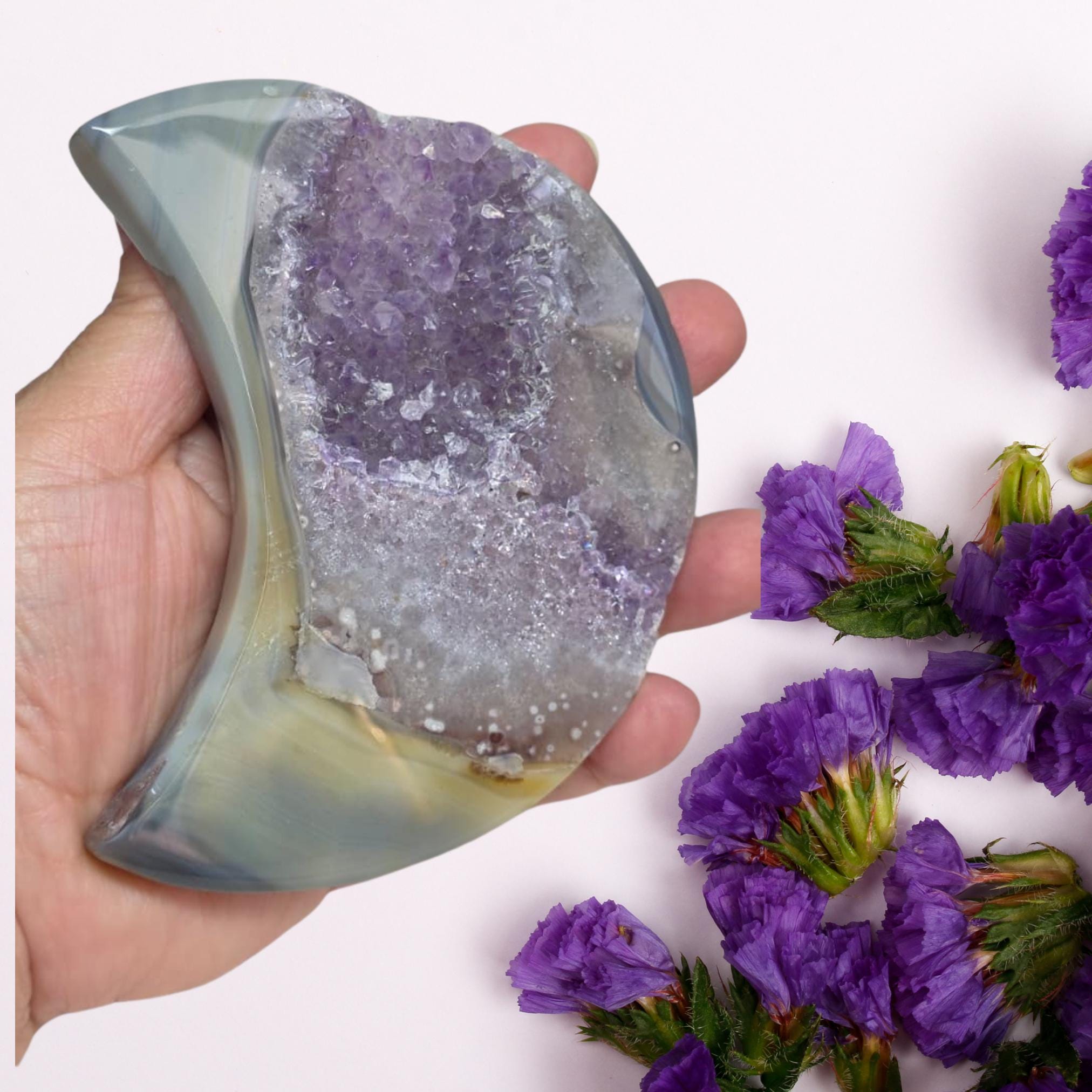 Purple Druzy Agate Crescent Moon Geode on Stand