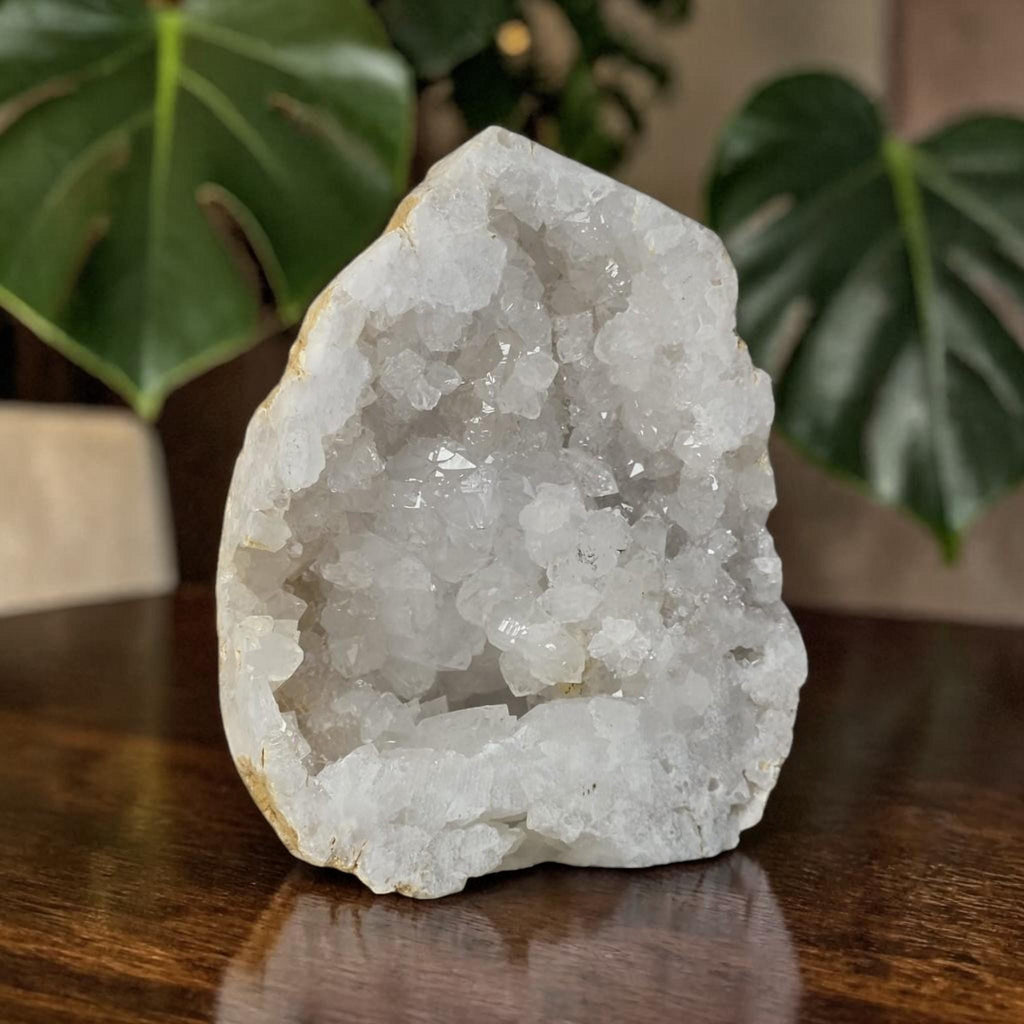 White quartz drusy geode with dense sparkling crystal surface, natural mineral decor.