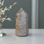 Polished ocean jasper tower with light cream, tan, and gray marbling and capped top.
