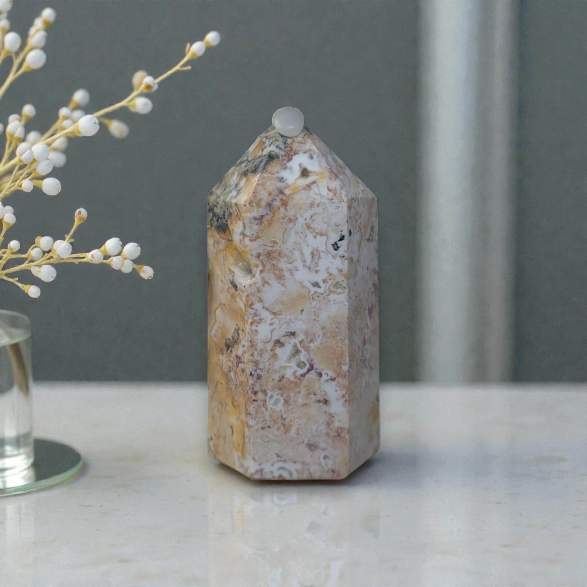 Ocean Jasper Tower, Druzy Agate Obelisk, Polished Healing Stone Decor, Madagascar Mineral Gift, Reiki
