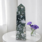 Green moss agate drusy tower crystal point obelisk with scattered white druzy