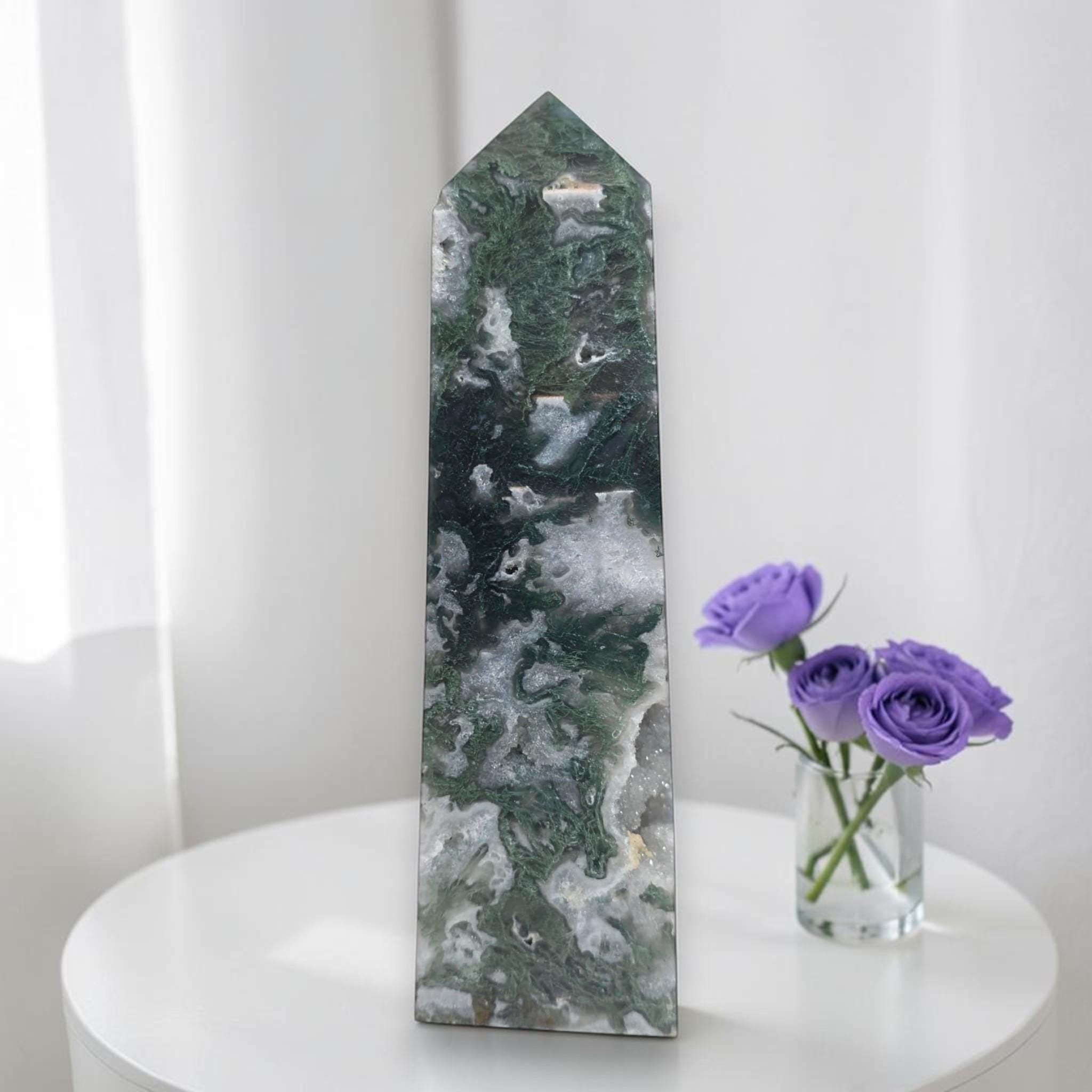 Moss Agate Druzy Tower Crystal Point Green Agate Obelisk Healing Decor