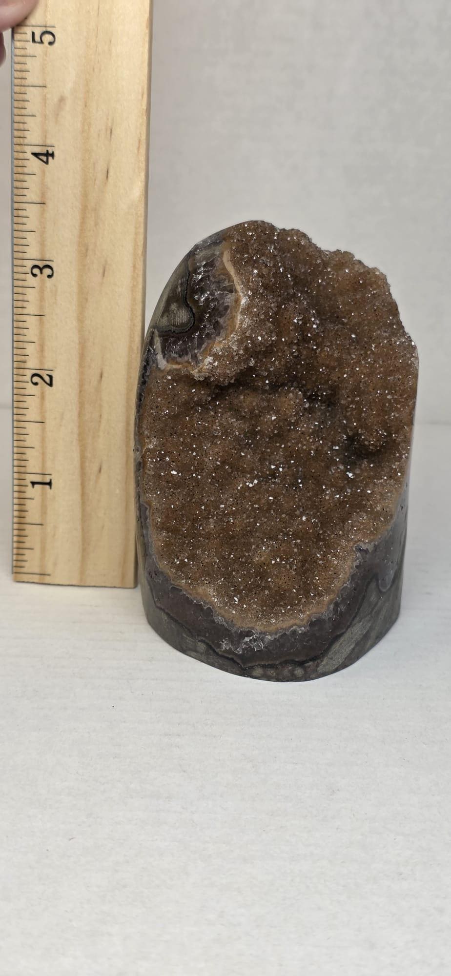 Brown Amethyst Geode with Calcite, Sparkling Druzy Quartz Freeform Mineral Specimen Decor
