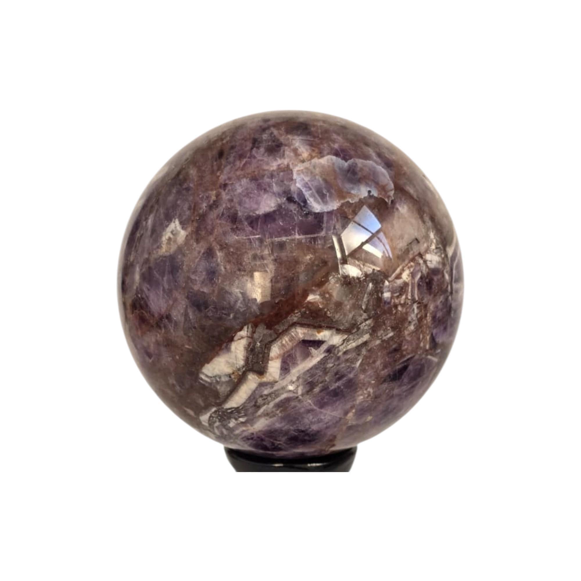 Amethyst quartz crystal sphere on black stand, purple stone with light-reflecting inclusions