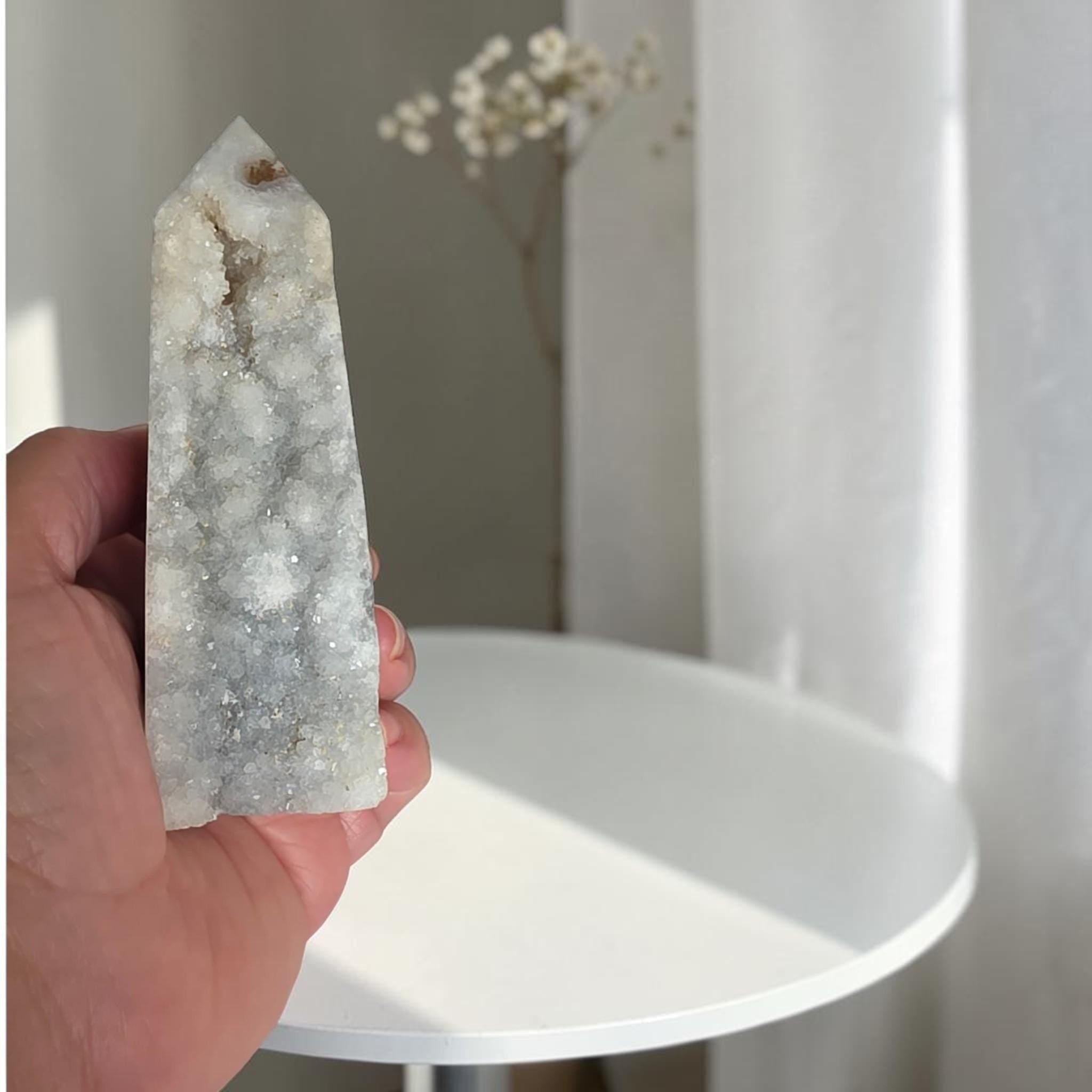 Moss Agate Druzy Tower Crystal Point Geode Obelisk Healing Crystal Decor