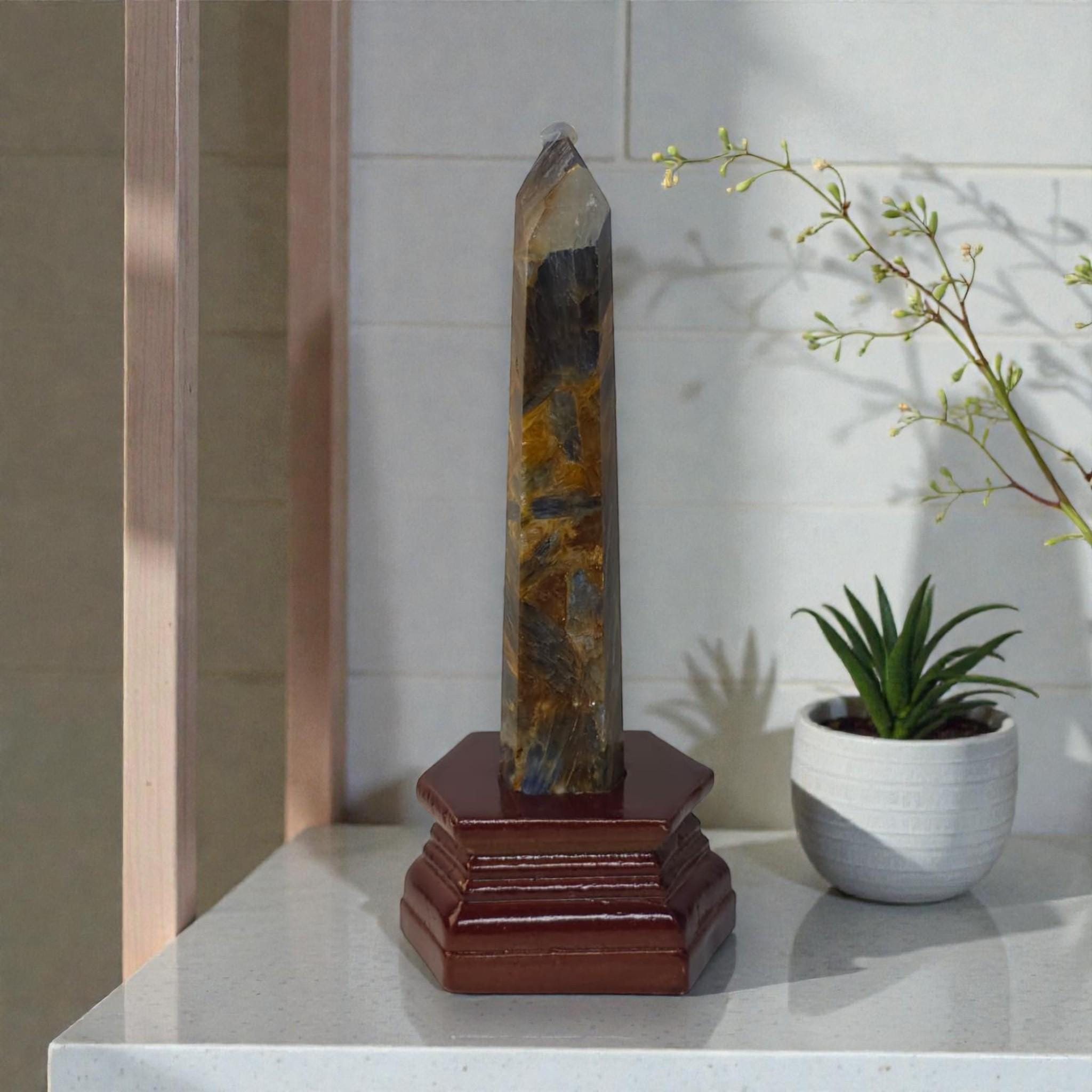 Natural Blue Kyanite Crystal Tower with Stand Slim Obelisk Point Healing Stone Decor