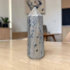 Blue and gray crystal tower with pointed cap and faceted vertical sides