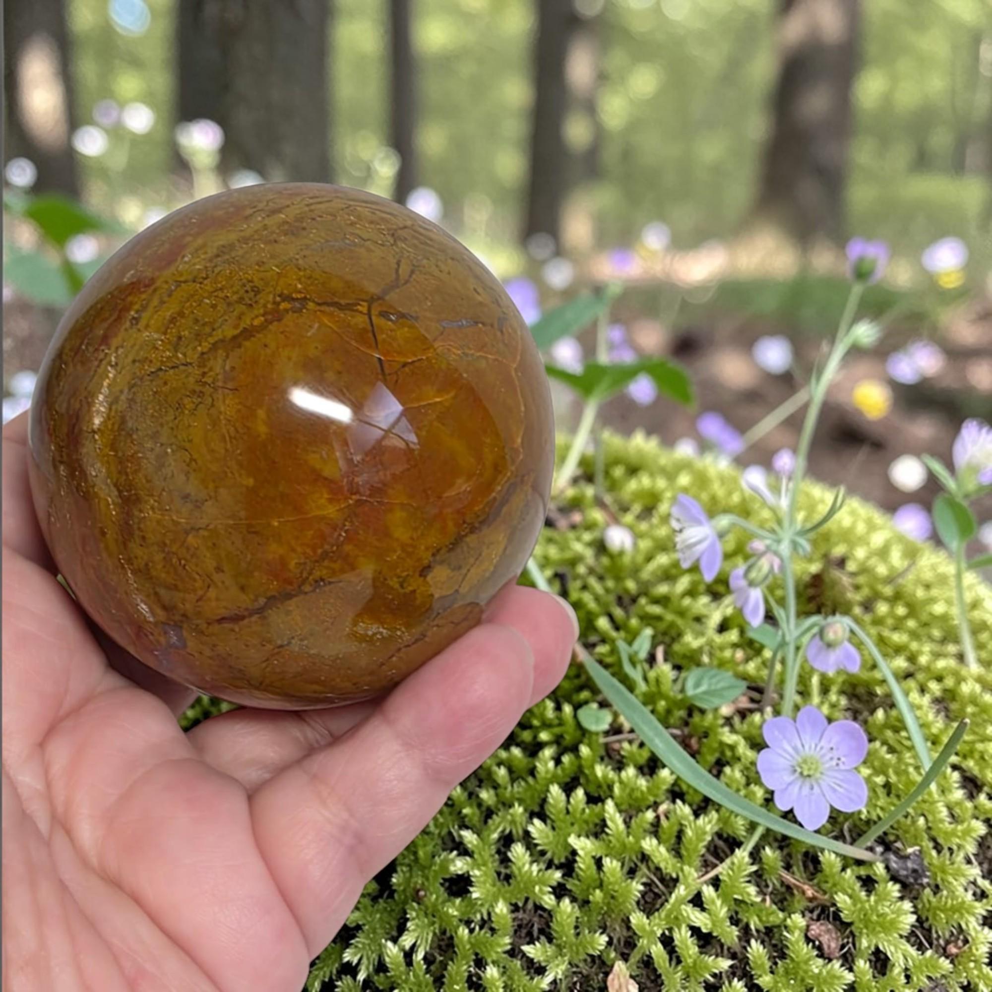 Amber jasper sphere in hand on moss, glossy with dark vein patterns