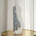 Moss agate drusy geode tower, white druzy crystal with a narrow dark band