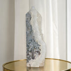Moss agate drusy geode tower, white druzy crystal with a narrow dark band