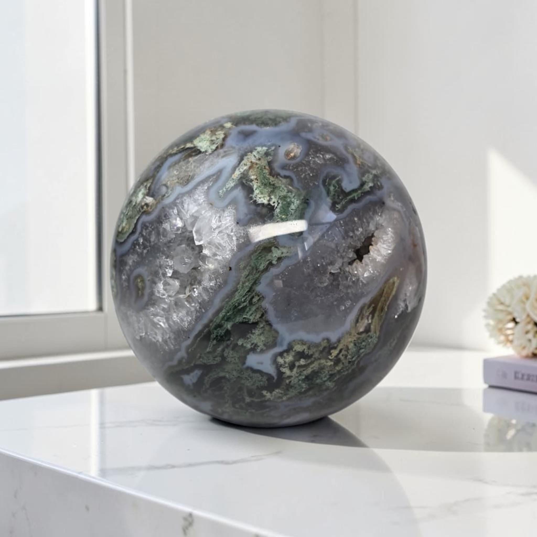 Moss Agate Geode Sphere, Druzy Crystal Orb, Luxury Collector Decor, Unique Healing Stone