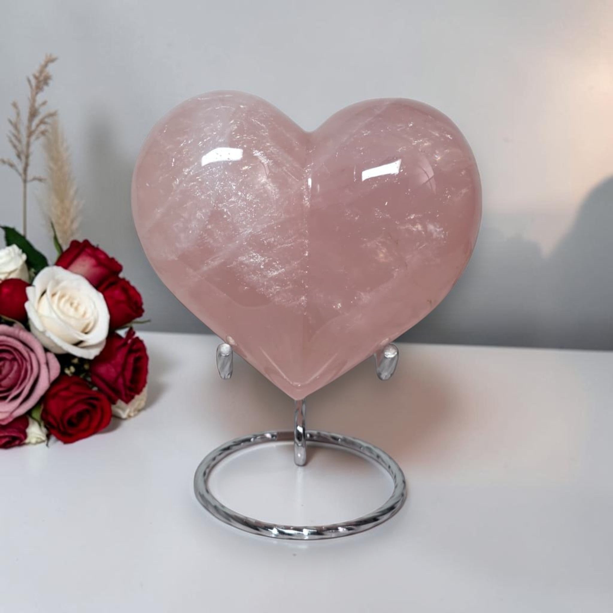 Large Rose Quartz Heart – Puffy Polished Crystal Carving, 3.7" Wide