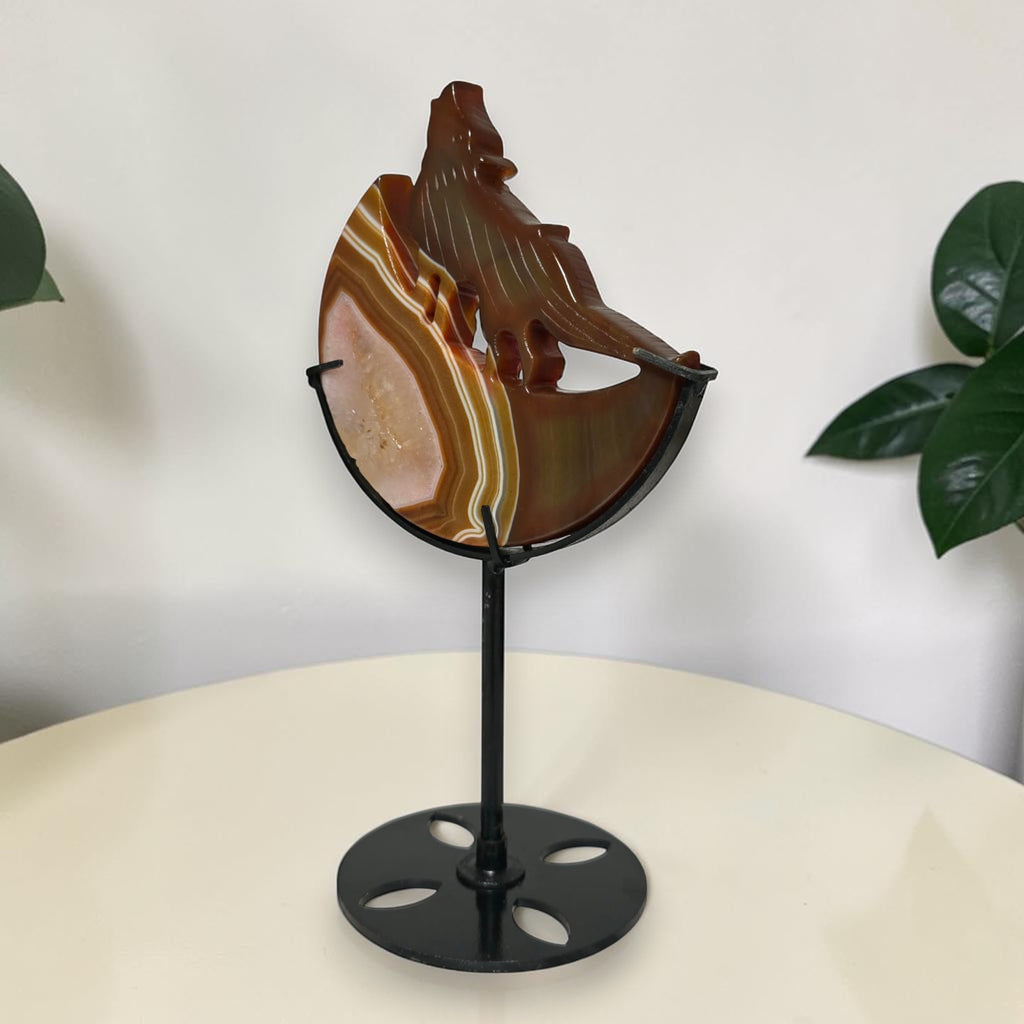 Carnelian Agate Wolf Moon Carving with Stand