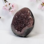 Purple druzy agate geode, heart-shaped freeform with sparkling crystal interior