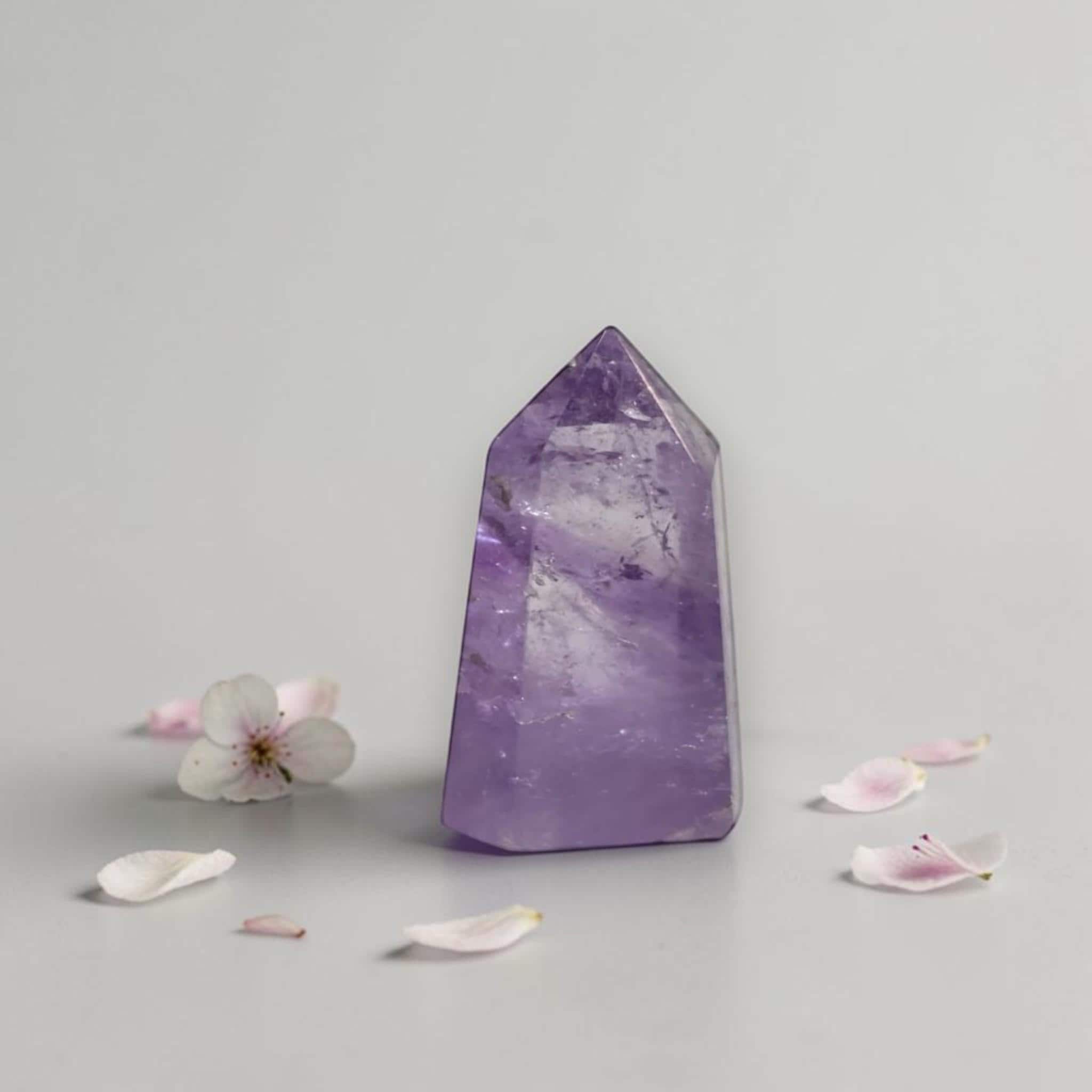 Amethyst quartz point tower, deep purple crystal with pointed apex and polished shine.