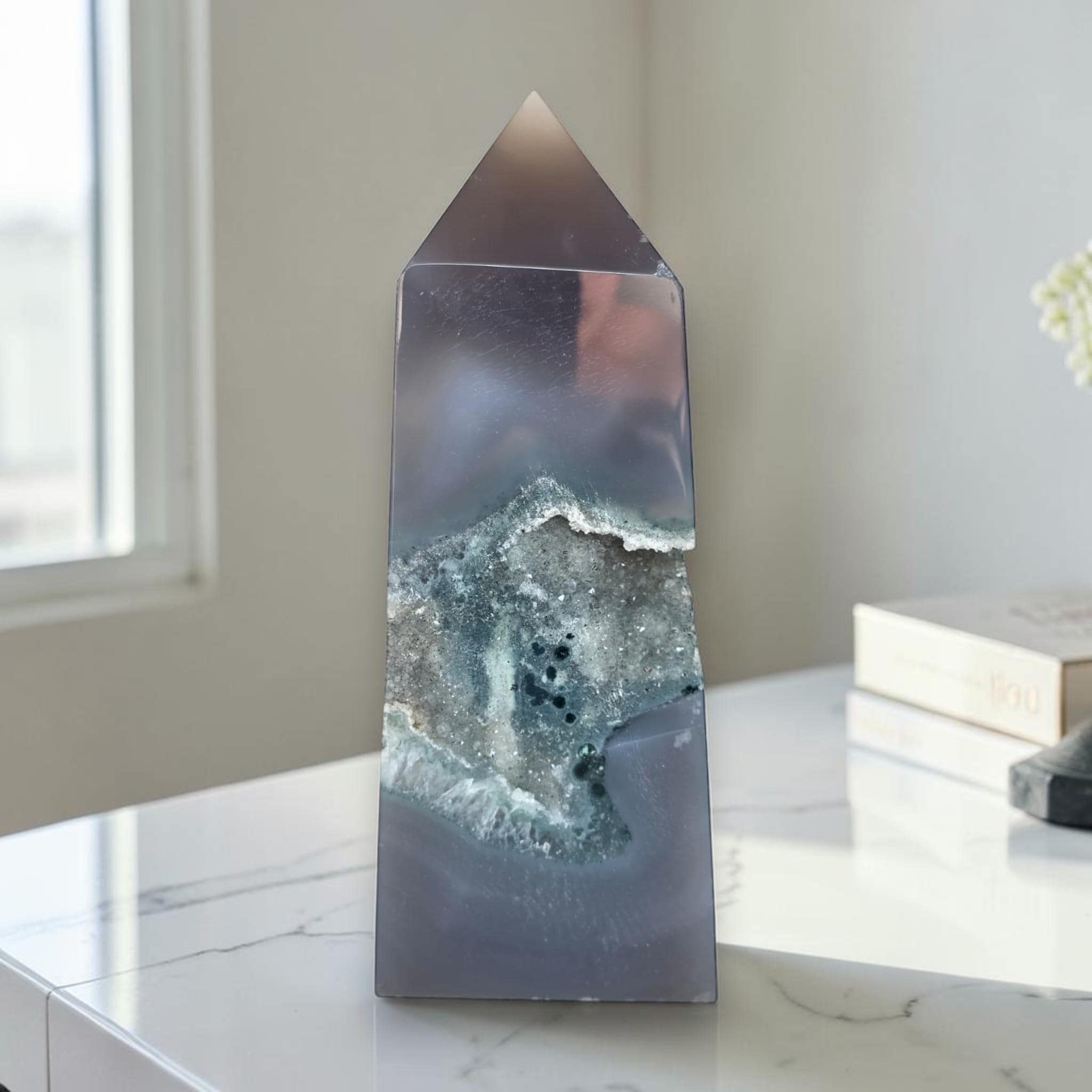 Large Druzy Agate Tower, Geode Crystal Point, Gray Quartz Obelisk Decor