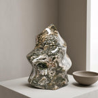 Ocean jasper flame crystal specimen, silver-gray and dark speckled freeform with bright shine.