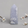 Light blue druzy agate crystal point tower with rough glittering texture