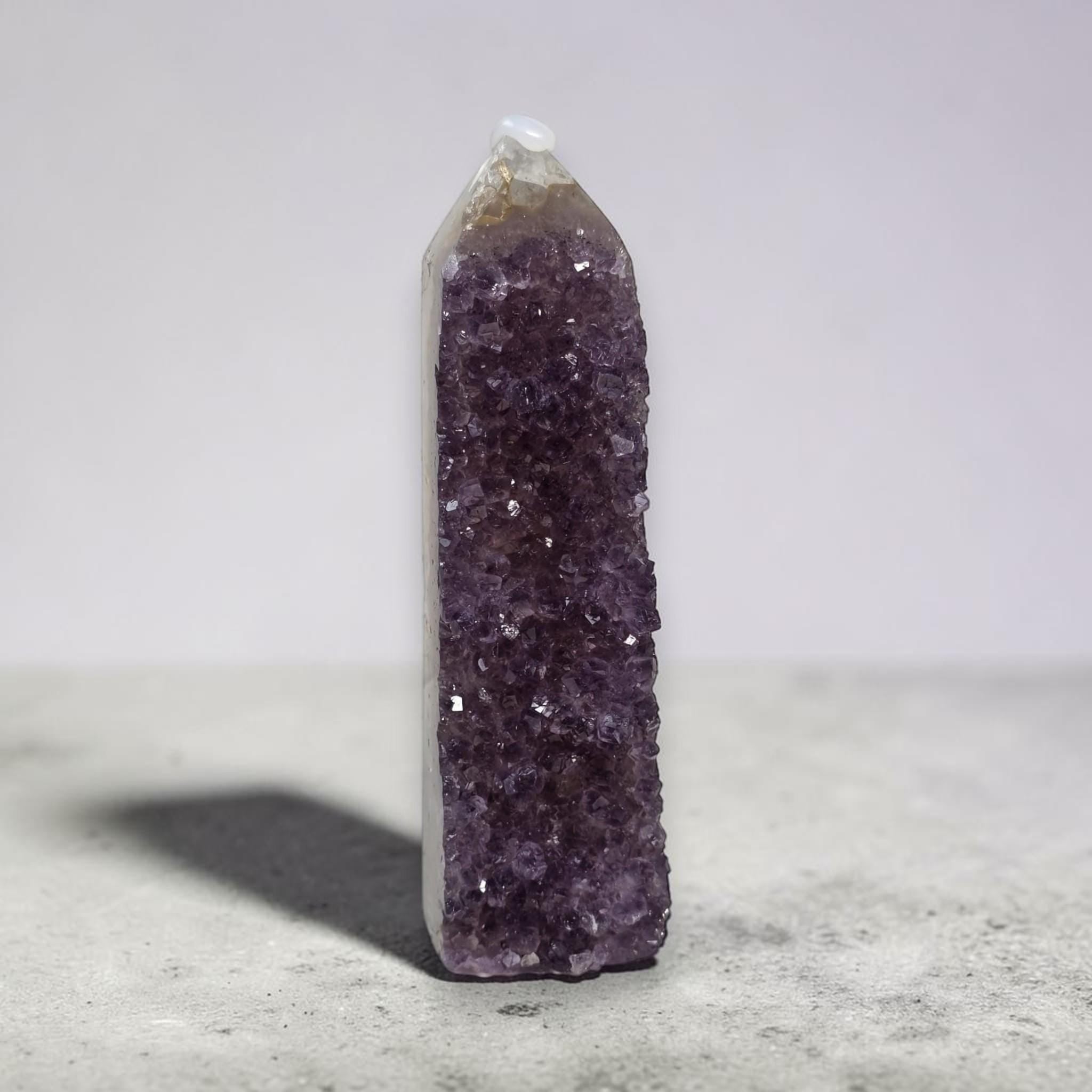 Amethyst drusy crystal tower, dark purple crystal face with clear quartz top