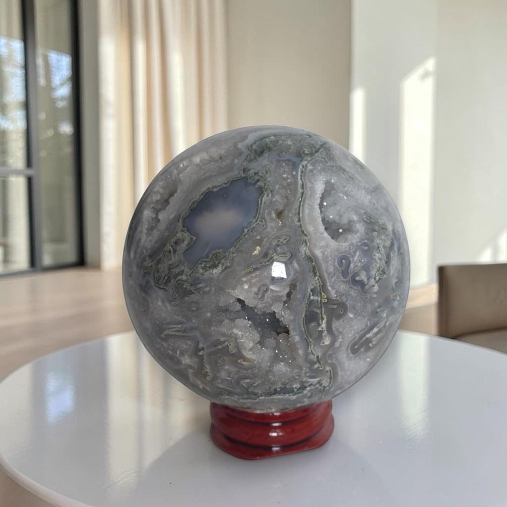 Moss Agate Sphere with Geode, Grey Quartz Decor