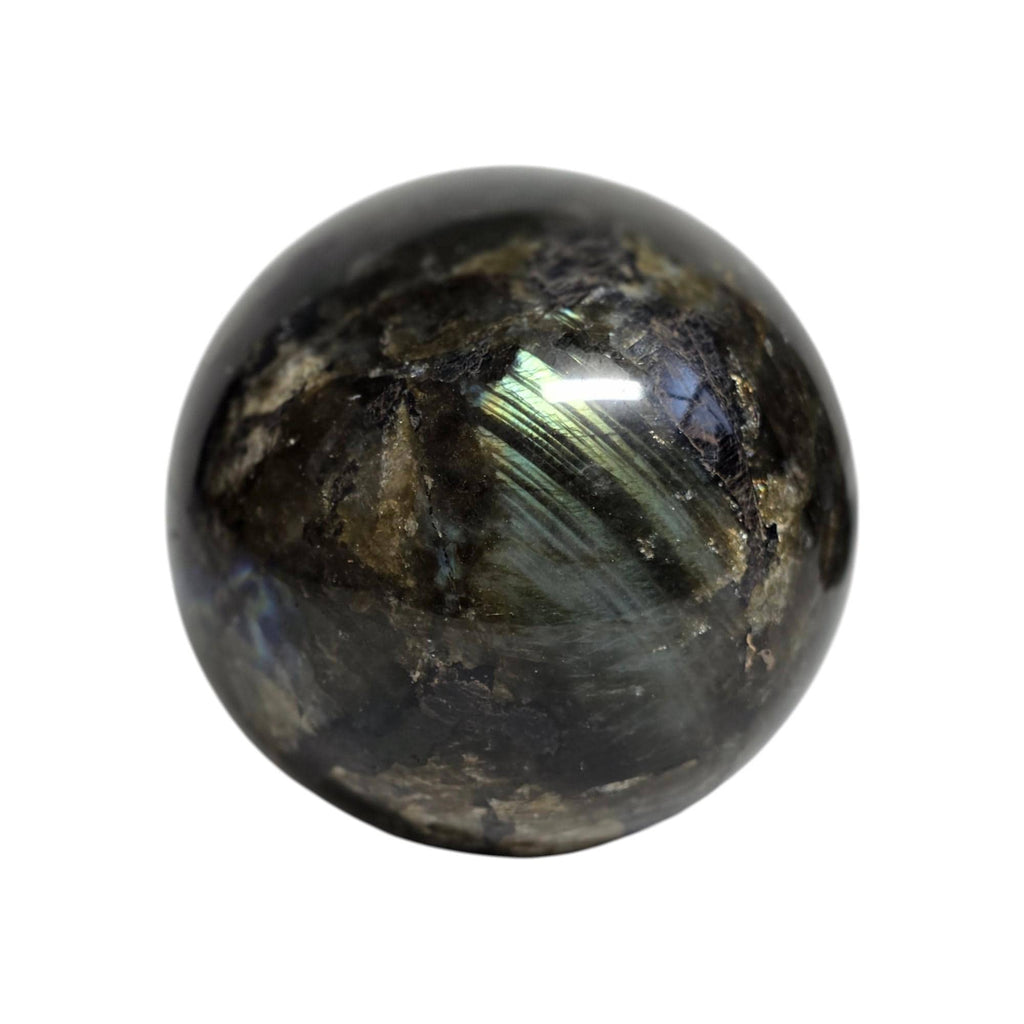 Labradorite crystal sphere, dark stone with green and blue iridescent band