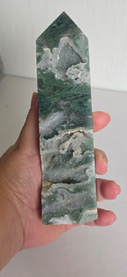 Green moss agate drusy tower crystal obelisk held in hand, white druzy highlights