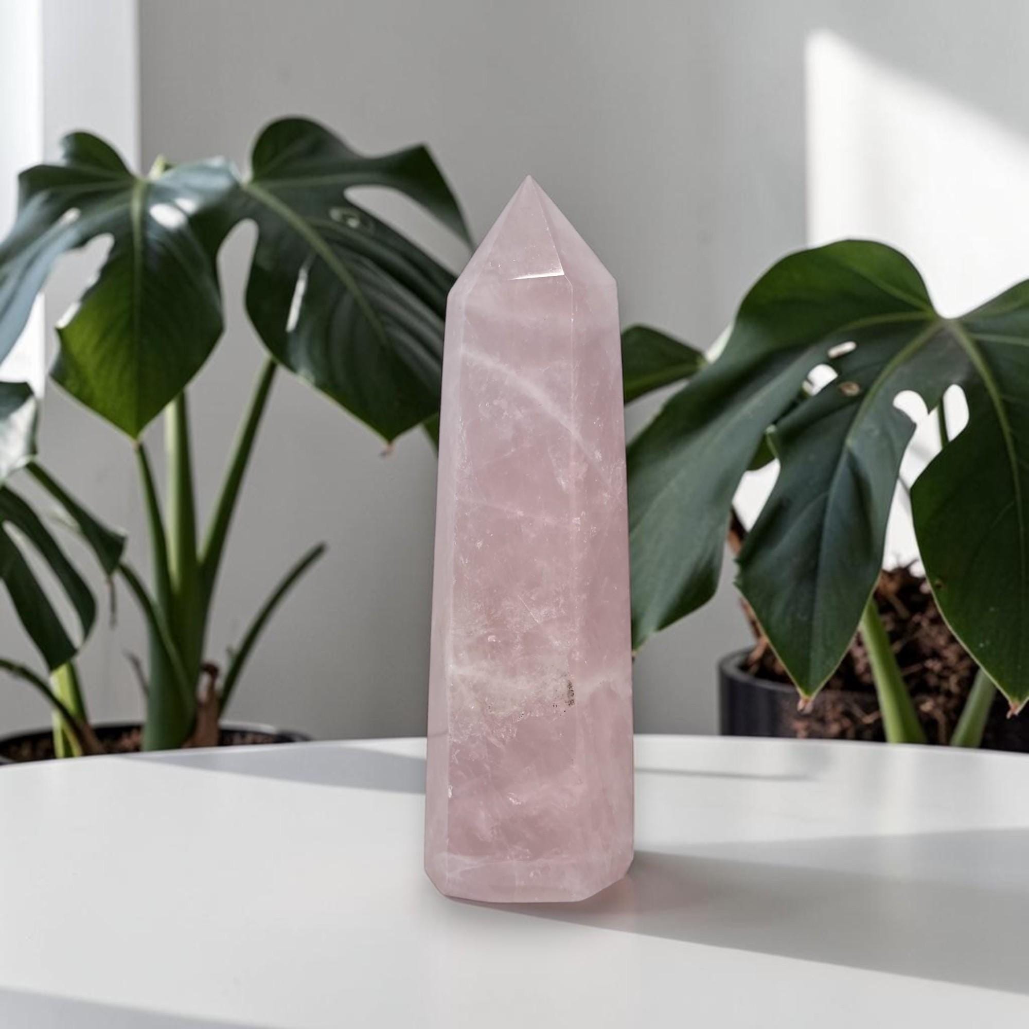 Rose quartz crystal tower, pale pink with faceted prism body and pointed top