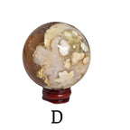 Flower agate drusy sphere on dark red base, translucent dome with cream and tan crystal bits