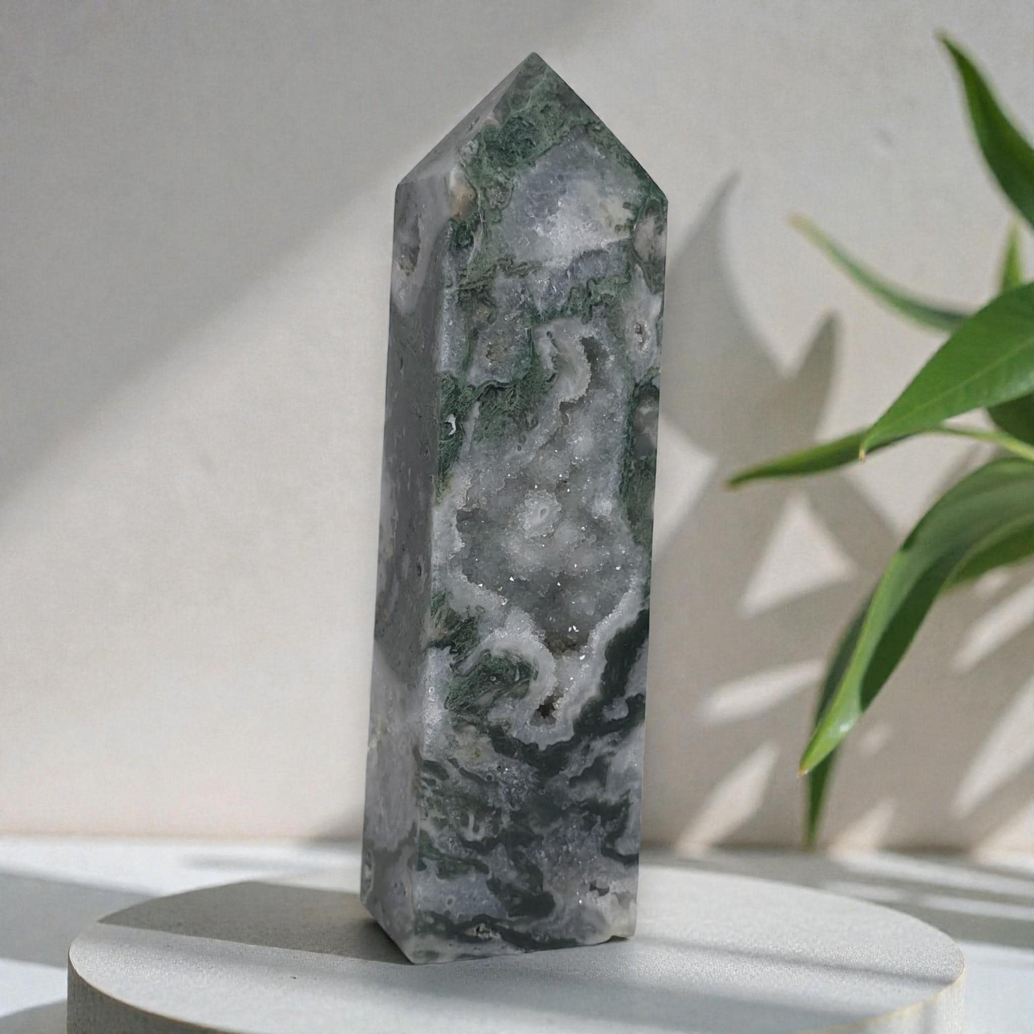 Natural Green Moss Agate Crystal Tower Point Druzy Obelisk Healing Stone Home Decor Gift