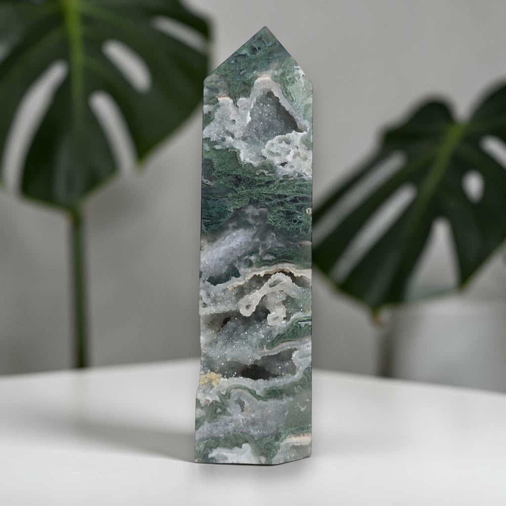 Green moss agate drusy crystal obelisk tower with white druzy patches