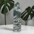 Green moss agate drusy crystal obelisk tower with white druzy patches