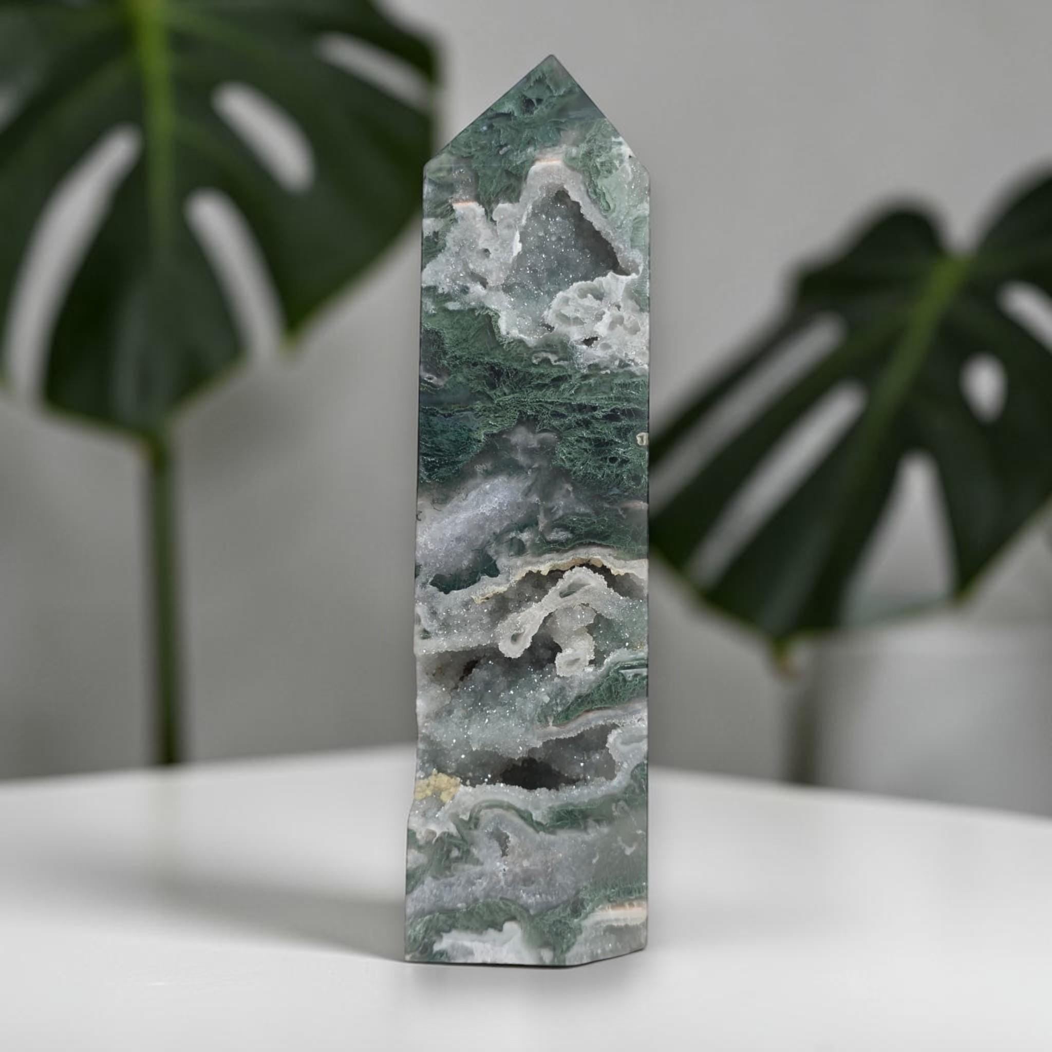 Moss Agate Druzy Tower Crystal Point Green Agate Obelisk Healing Decor