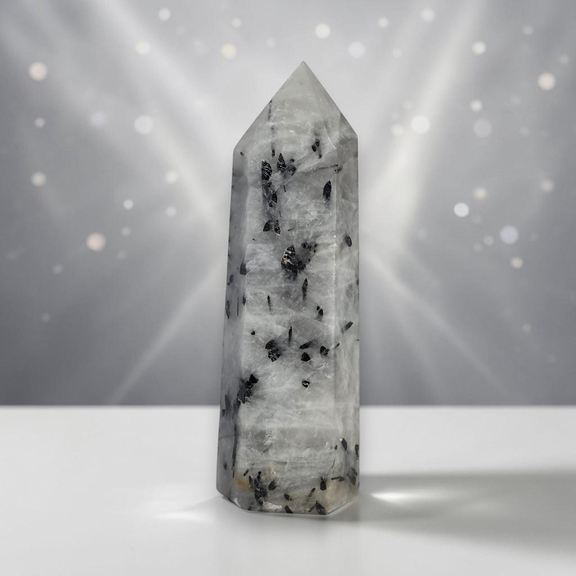 Large Tourmalinated Quartz Tower 7.5 Inch | Black Tourmaline Quartz Obelisk Generator | Protection Grounding Crystal