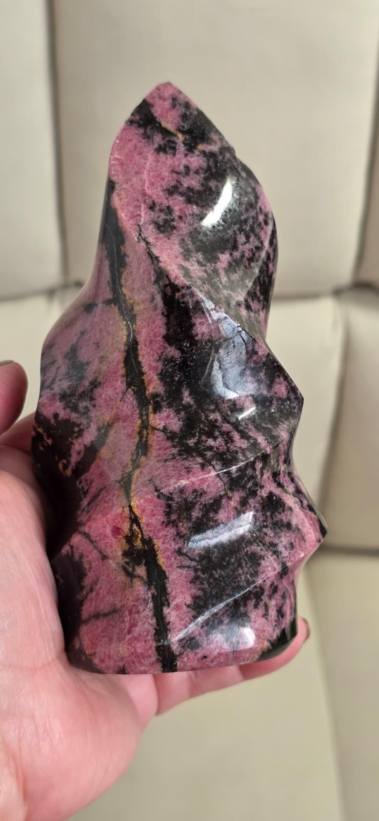 Pink Rhodonite Crystal Flame Natural Stone Carving – Heart Chakra Healing Decor