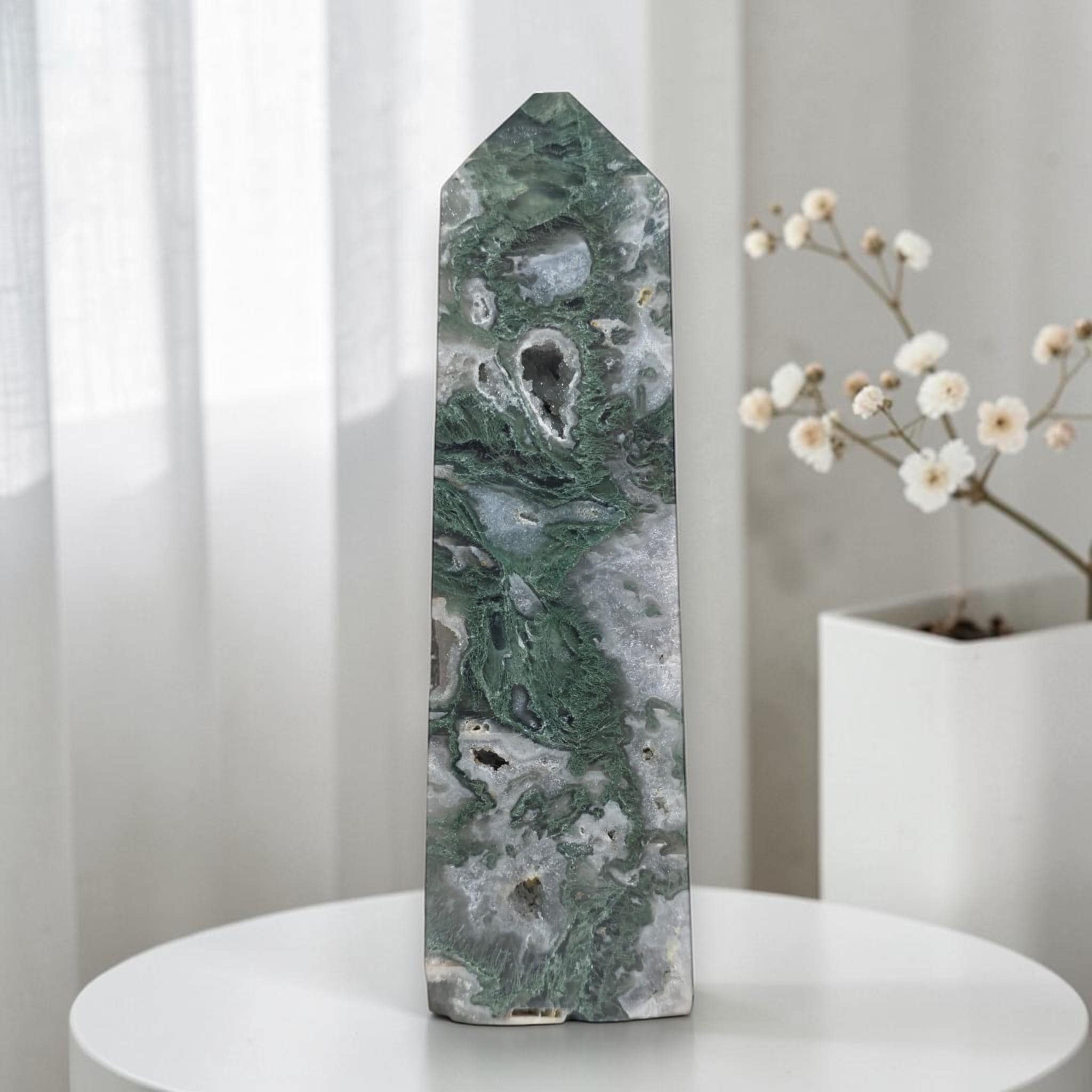 Moss Agate Druzy Tower Crystal Point Green Agate Obelisk Healing Decor