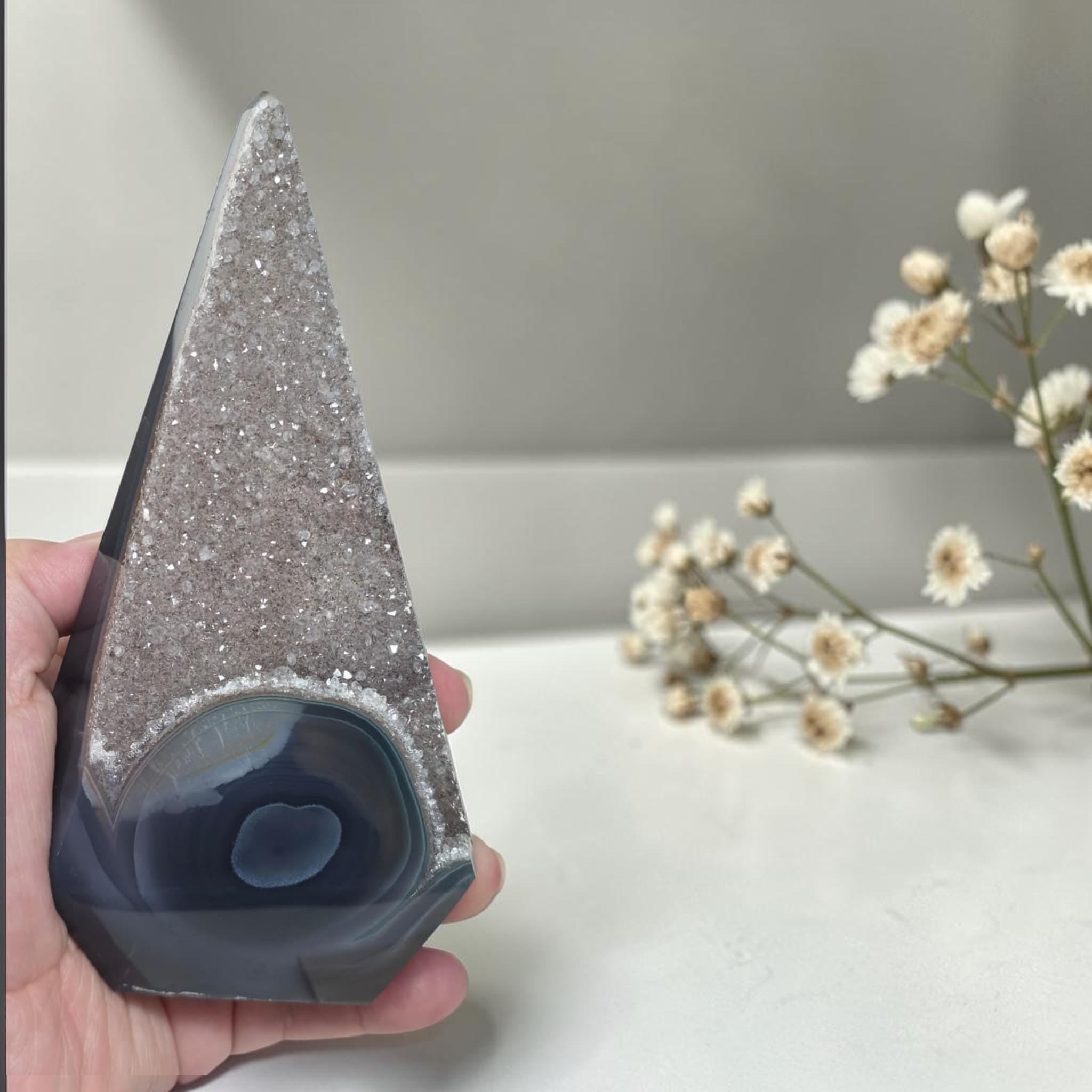 Large Druzy Agate Tower, Smoky Obelisk Crystal, Luxury Decor