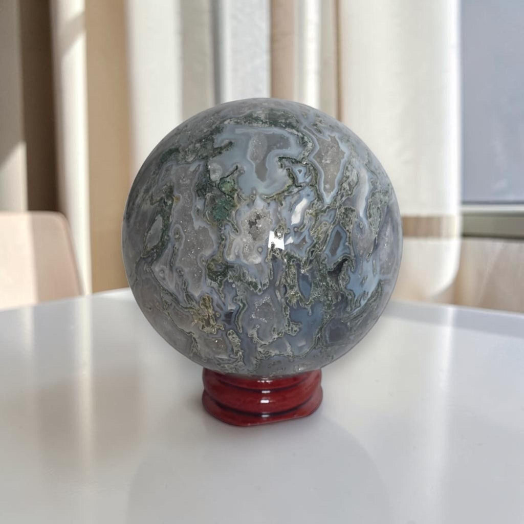 Moss Agate Sphere with Geode, Grey Quartz Decor