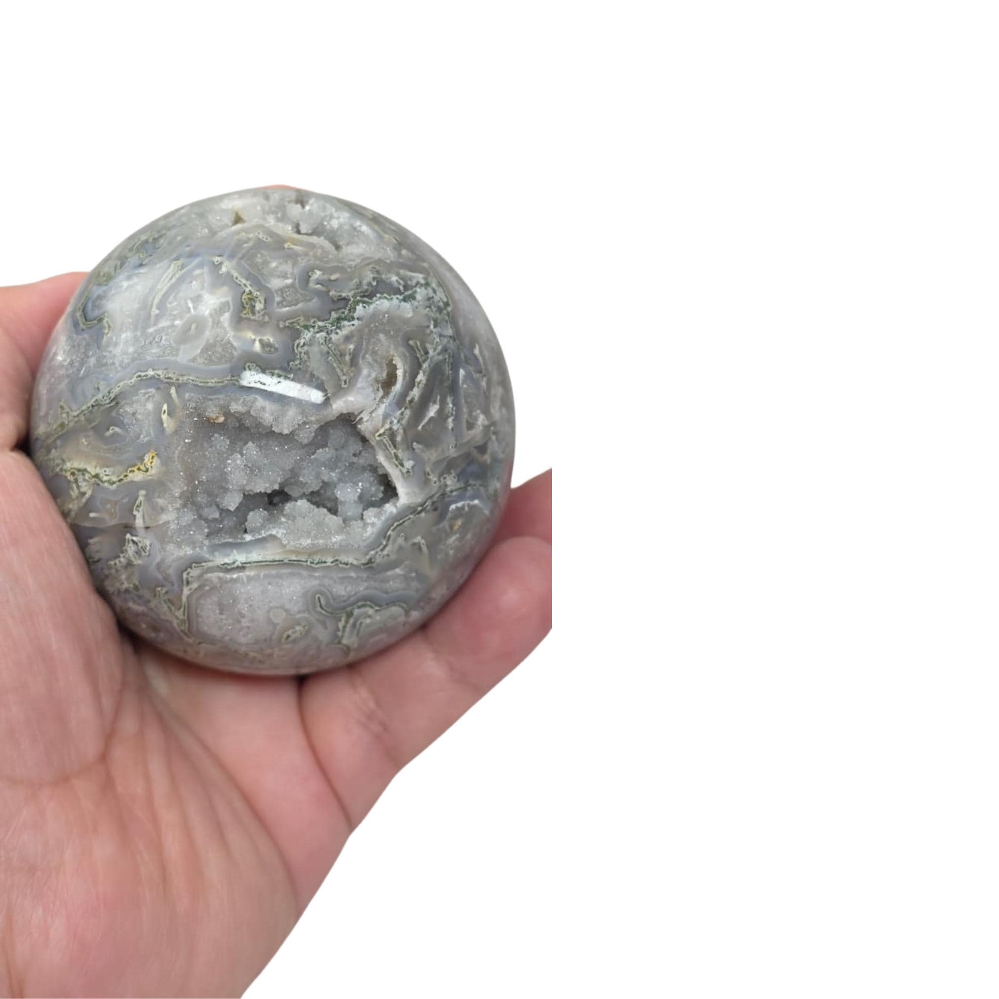 Moss Agate Sphere with Geode, Grey Quartz Decor