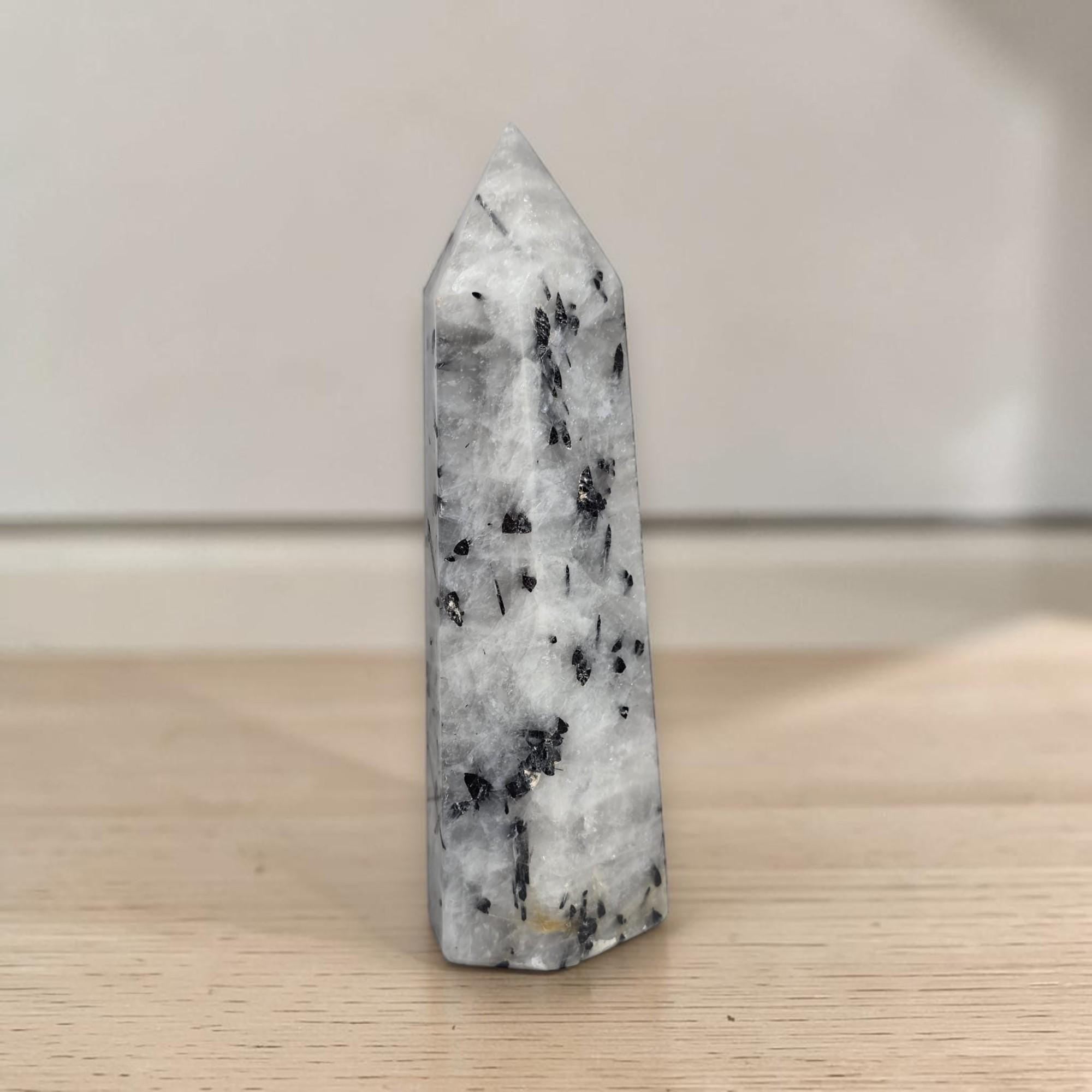 Large Tourmalinated Quartz Tower 7.5 Inch | Black Tourmaline Quartz Obelisk Generator | Protection Grounding Crystal