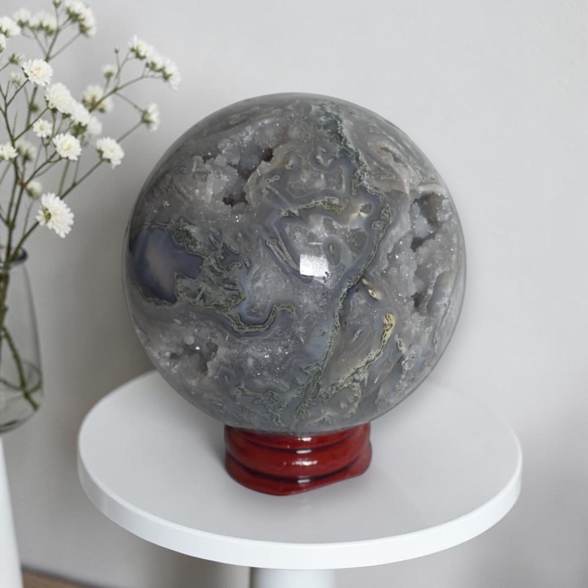 Moss Agate Sphere with Geode, Grey Quartz Decor
