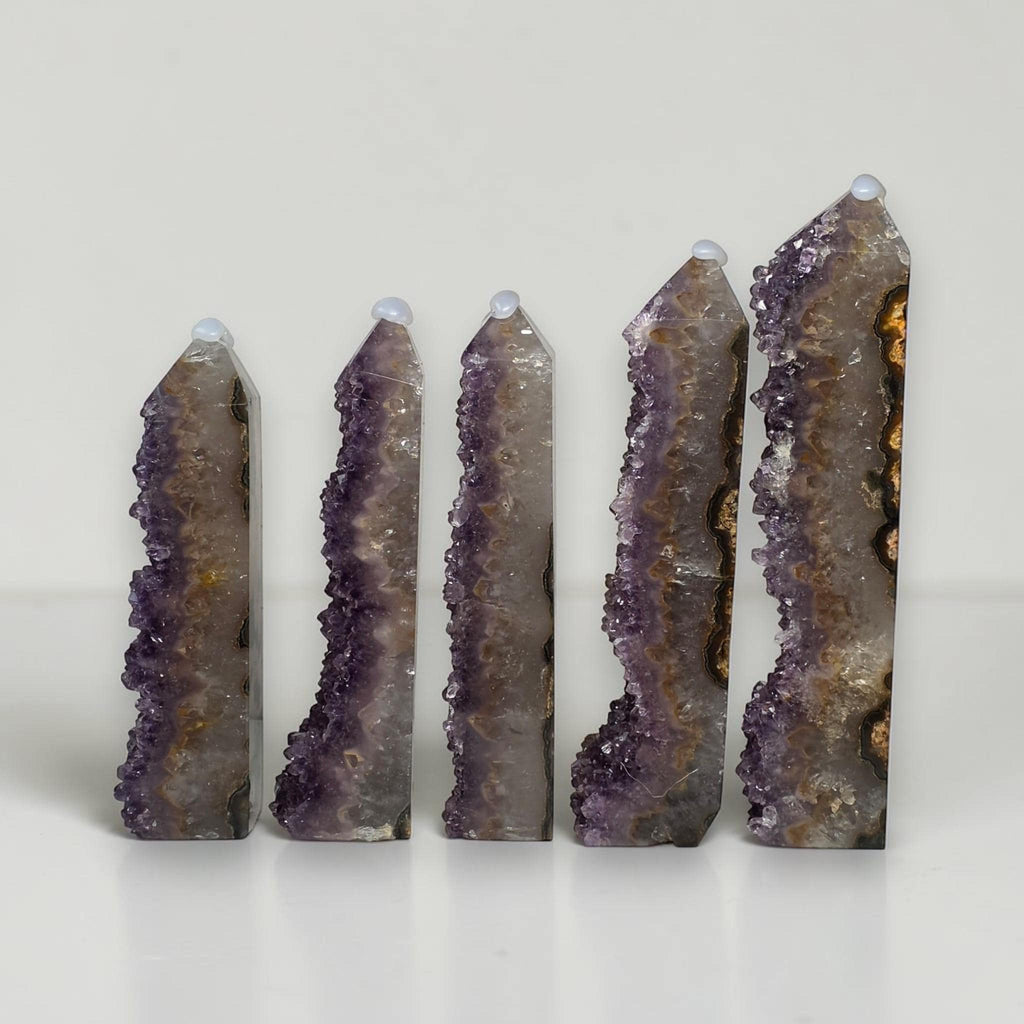 Amethyst drusy crystal tower set, purple druzy with clear quartz and tan banding