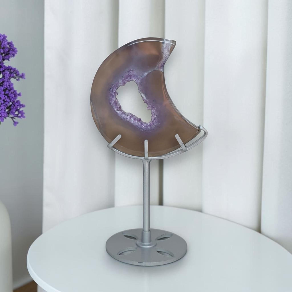 Lavender drusy agate crescent moon decor standing on round metal base