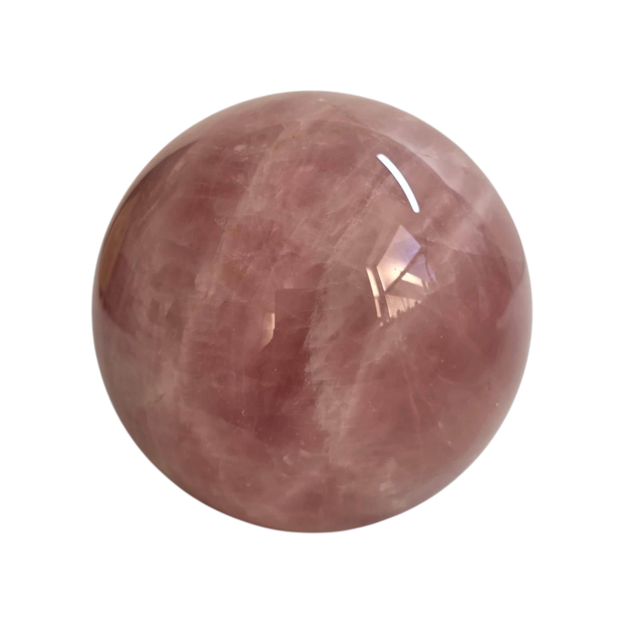 Rose quartz crystal sphere, smooth rounded pink stone with glossy reflection